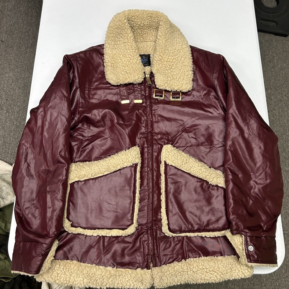 Put On Shop Jacket Womens M Burgundy Faux Shearling Lined Vinyl Vintage Aviator